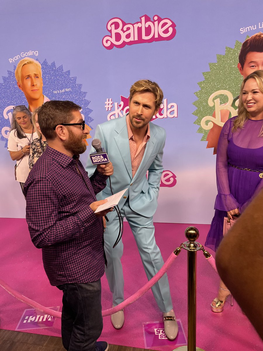 DamnitMaurie's tweet photo. So much awesome KENergy on the pink carpet for #Barbie! SO cool and fun chatting with #SimuLiu & #RyanGosling! #Kenada https://t.co/InIiHTRkTd