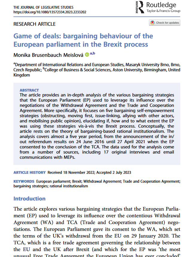 Monika Brusenbauch Meislova (@monikameislova) on Twitter photo Thrilled to share the news that my article on the bargaining behaviour of the European Parliament in #Brexit is now published in The Journal of Legislative Studies <a href="/tandfonline/">Taylor & Francis Research Insights</a> <a href="/Rout_PoliticsIR/">Routledge Politics, IR & Area Studies</a>.
Link to 50 free copies:
tandfonline.com/eprint/BS5VVYM…
Thread on its key arguments below🧵 Thrilled to share the news that my article on the bargaining behaviour of the European Parliament in #Brexit is now published in The Journal of Legislative Studies <a href="/tandfonline/">Taylor & Francis Research Insights</a> <a href="/Rout_PoliticsIR/">Routledge Politics, IR & Area Studies</a>.
Link to 50 free copies:
tandfonline.com/eprint/BS5VVYM…
Thread on its key arguments below🧵