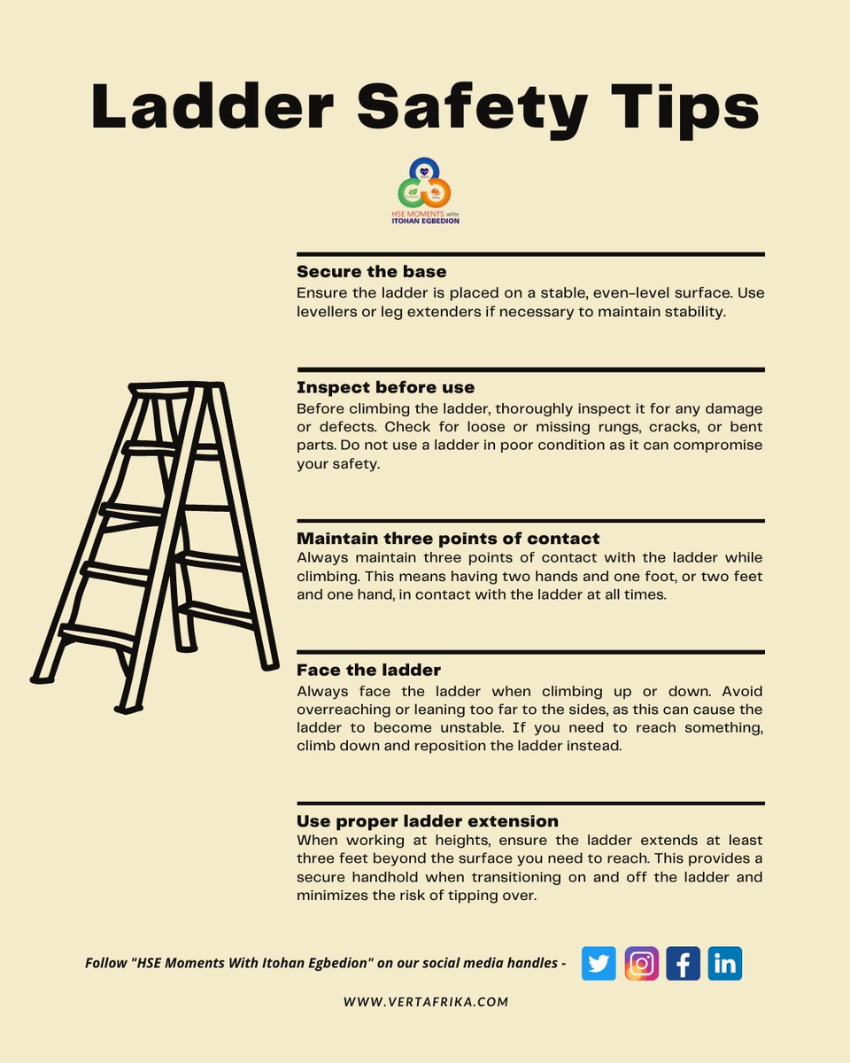 HSEMoments's tweet photo. Working at height remains one of the biggest causes of fatalities and major injuries.

Common cases include falls from roofs, ladders, and through fragile surfaces.

#ladders 
#laddersafety 
#occupationalhealthandsafety 
#hsemomentswithitohanegbedion https://t.co/ACbKg5LEyR