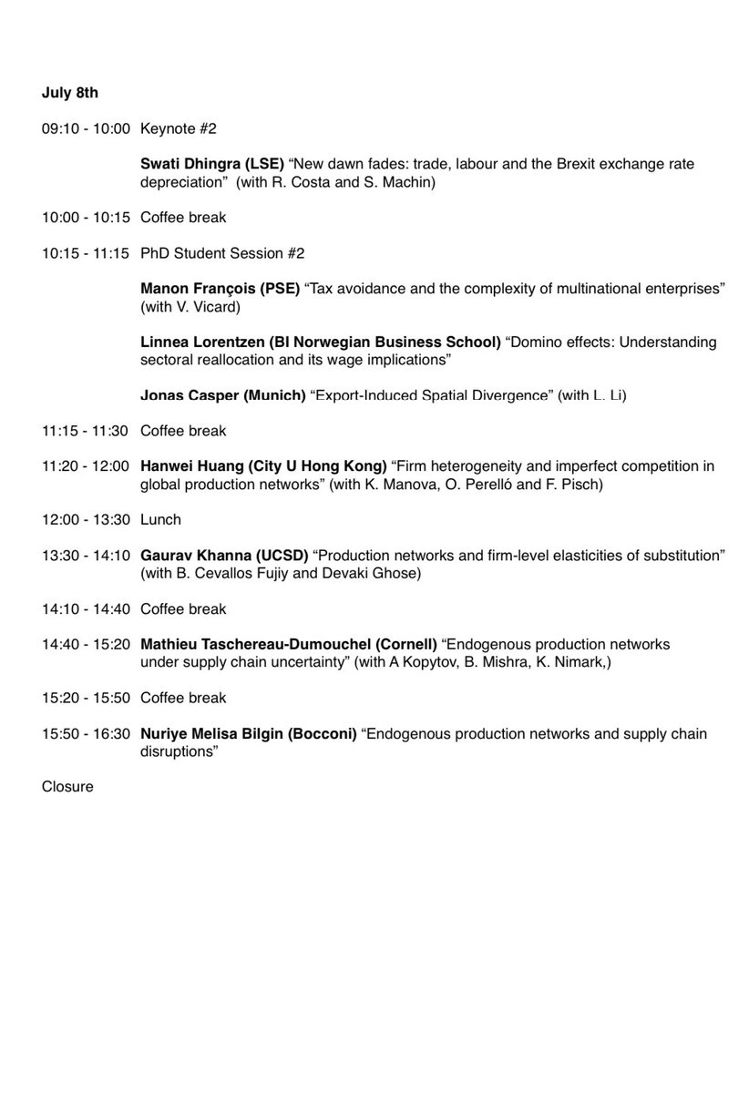 Federico Huneeus (@federicohuneeus) on Twitter photo Great conference last weekend at <a href="/univienna_econ/">Economics Department, University of Vienna</a>, organized by A. Cuñat, K. Manova and <a href="/pol_antras/">Pol Antras</a>
Super interesting papers and discussion on international economics, with several papers on production networks 🔥
Check out the program 👇 Great conference last weekend at <a href="/univienna_econ/">Economics Department, University of Vienna</a>, organized by A. Cuñat, K. Manova and <a href="/pol_antras/">Pol Antras</a>
Super interesting papers and discussion on international economics, with several papers on production networks 🔥
Check out the program 👇