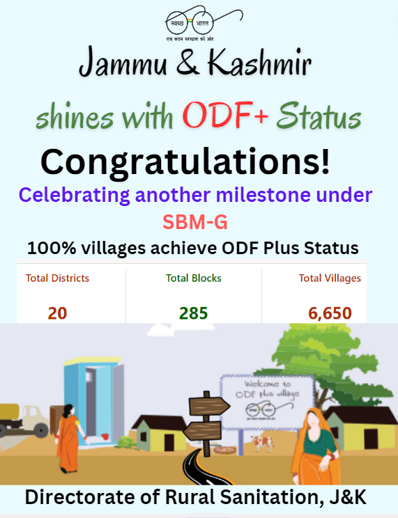 mission_sbm's tweet photo. Important Milestone Achieved! Through consistent efforts, hard work and with the strong support from the public, all the 6650 villages of J&amp;K UT have been declared ODF Plus. 
@CeeDeeSingh @mandeep082 @MoJSDDWS @swachhbharat @kumarvinuvinay @rajeevjauhari1  @diprjk @jkrddpr https://t.co/9KEOGFBzj0