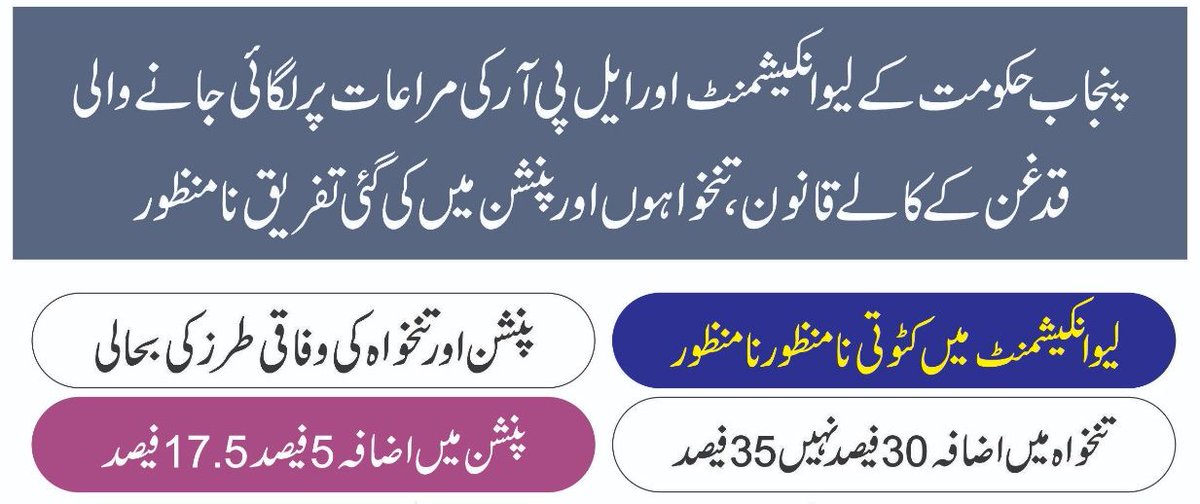 erfanspeaks's tweet photo. #چلو_چلو_لاہور_چلو 
لیو انکیشمنٹ اور ایل پی آر کی مراعات پر لگائی جانے والی قدغن کے کالے قانون ،تنخواہوں اور پنشن میں کی گئی تفریق نا منظور
پنشن اور تنخواہ کی وفاقی طرز کی بحالی
لیو انکیشمنٹ میں کٹوتی نامنظور
تنخواہوں میں اضافہ 30فیصد نہیں 35 فیصد https://t.co/MubbidZ5GV
