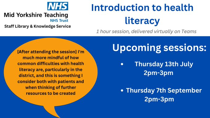 Our #HealthLiteracy awareness session aims to; raise awareness of health literacy, highlight how poor health literacy can affect patient outcomes &amp; introduce communication techniques which can be used to improve understanding. Contact us to book a place on an upcoming session😊
