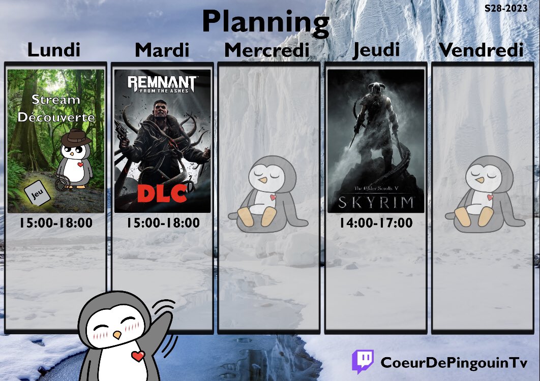 Planning!

Aujourd’hui ce sera Along the Edge et demain j’ai hâte d’attaquer les DLC de Remnant! 🤠

 Sons of the Forest est mis en pause pour des problèmes d’internet chez Azaelie 😕

Petite annonce pour vous dire que j’ai refait les badges de la chaîne ♥️

Hydratez vous 🐧♥️