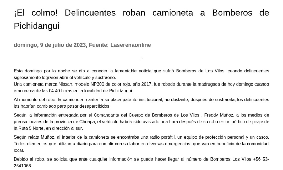 BomberosdeChile's tweet photo. 𝗣𝗥𝗘𝗡𝗦𝗔 | Delincuentes roban camioneta a Cuerpo de Bomberos de Los Vilos. https://t.co/OqM4gkgfmP