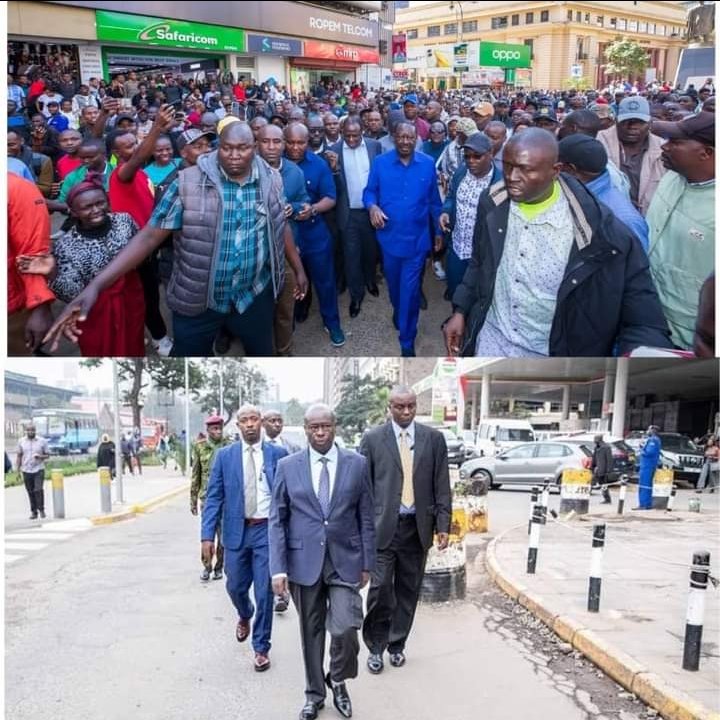 magwaz3's tweet photo. Let's put the Finance Act 2023 aside,

Look at this two pictures at the Nairobi CBD.
DP Rigathi Gachagua the Deputy President, walks and no one bothers. Raila Odinga passes and every businesses stops and transport gets paralyzed. Buana Baba owns Kenya! https://t.co/2YUWPHd7HJ