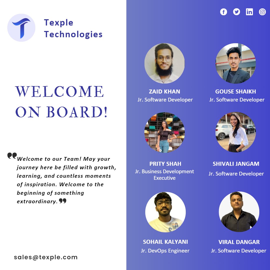 Welcome aboard, new joiners! 🎉 Join us on an exciting journey of growth and success.

#JoinTheJourney #TeamworkMakesTheDreamWork #UnleashingPotential #ThrivingTogether #Texpletechnologies
#SuccessAhead #OneTeamOneDream