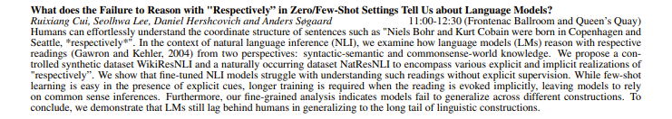 UKP Lab (@ukplab) on Twitter photo At 11:00 (17:00 CET) in the Frontenac Ballroom and Queen's Quay: »What does the Failure to Reason with ›Respectively‹ in Zero/Few-Shot Settings Tell Us about Language Models?« by <a href="/ruixiangcui/">Ruixiang Cui</a>, <a href="/Seolhwa_Lee_/">Seolhwa Lee</a>, <a href="/daniel_hers/">Daniel Hershcovich</a> and Anders Søgaard.
arxiv.org/abs/2305.19597 #ACL2023NLP At 11:00 (17:00 CET) in the Frontenac Ballroom and Queen's Quay: »What does the Failure to Reason with ›Respectively‹ in Zero/Few-Shot Settings Tell Us about Language Models?« by <a href="/ruixiangcui/">Ruixiang Cui</a>, <a href="/Seolhwa_Lee_/">Seolhwa Lee</a>, <a href="/daniel_hers/">Daniel Hershcovich</a> and Anders Søgaard.
arxiv.org/abs/2305.19597 #ACL2023NLP
