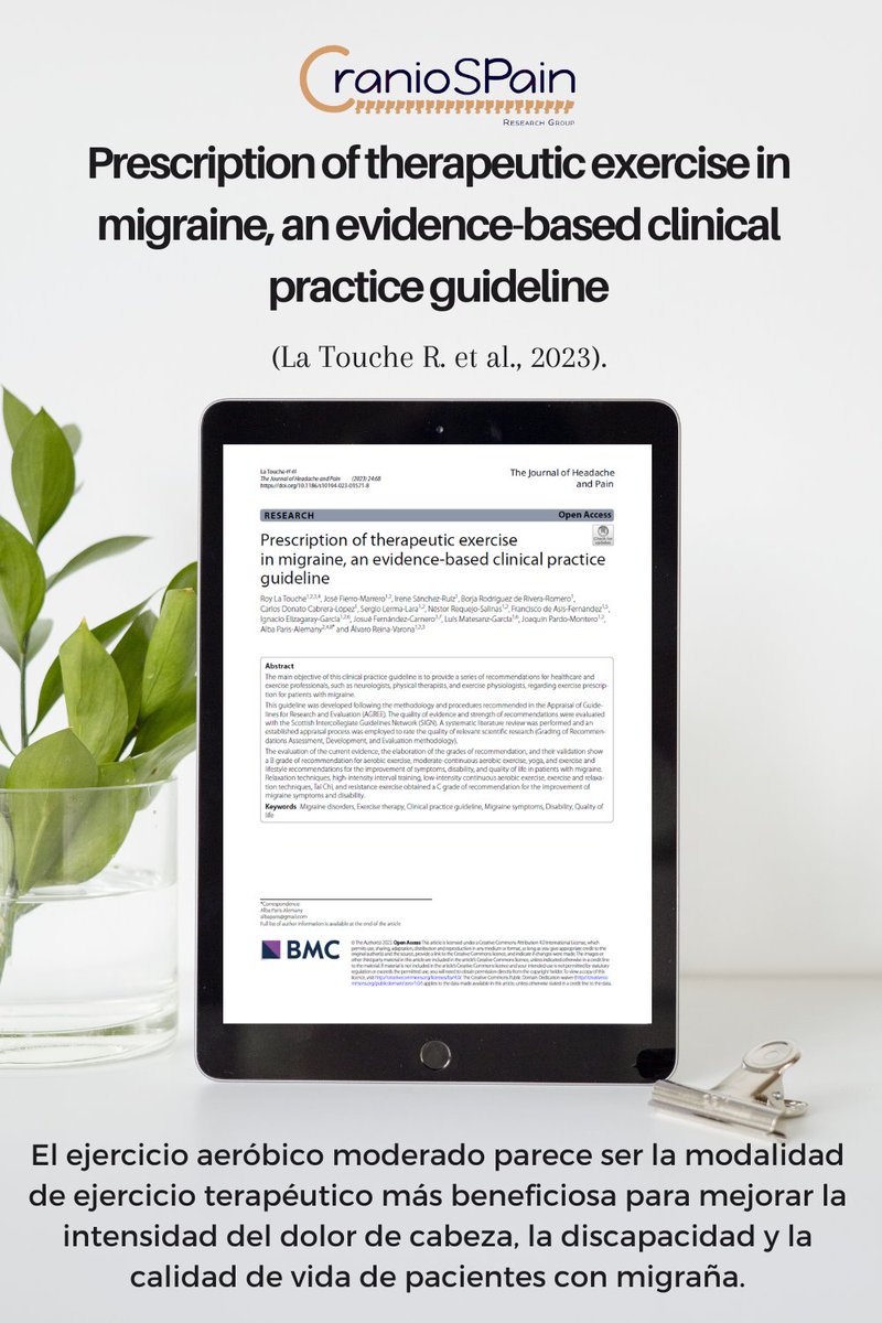 CranioSPain (@craniospain) on Twitter photo El grupo de investigación <a href="/MotionInBrains/">Motion in Brains</a> de <a href="/LaSalleSaludUAM/">La Salle Facultad Salud</a> ha realizado la primera guía de #practicaclínica sobre #ejercicioterapéutico en el manejo de la #migraña, donde dos miembros de <a href="/craniospain/">CranioSPain</a> han podido colaborar.
Esta publicación... El grupo de investigación <a href="/MotionInBrains/">Motion in Brains</a> de <a href="/LaSalleSaludUAM/">La Salle Facultad Salud</a> ha realizado la primera guía de #practicaclínica sobre #ejercicioterapéutico en el manejo de la #migraña, donde dos miembros de <a href="/craniospain/">CranioSPain</a> han podido colaborar.
Esta publicación...