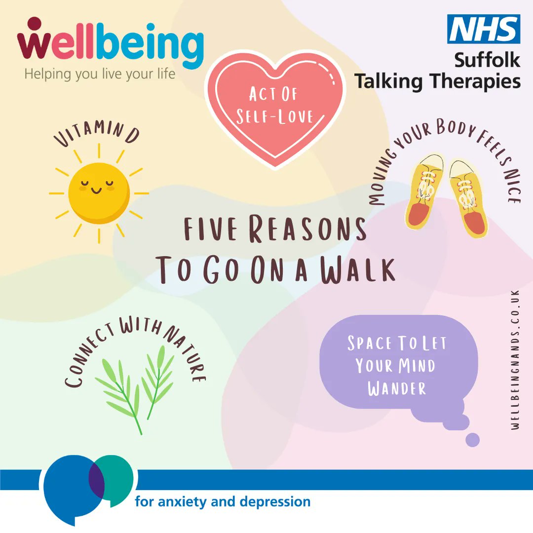 There are lots of reasons to go for a walk when you can - and these are just five of them!👟 

Keeping active is also one of the Five Ways to Wellbeing - you can find out more here: wellbeingnands.co.uk/suffolk/self-h… 

#active #fitness #keepfit #walking #wellbeing #support #suffolk