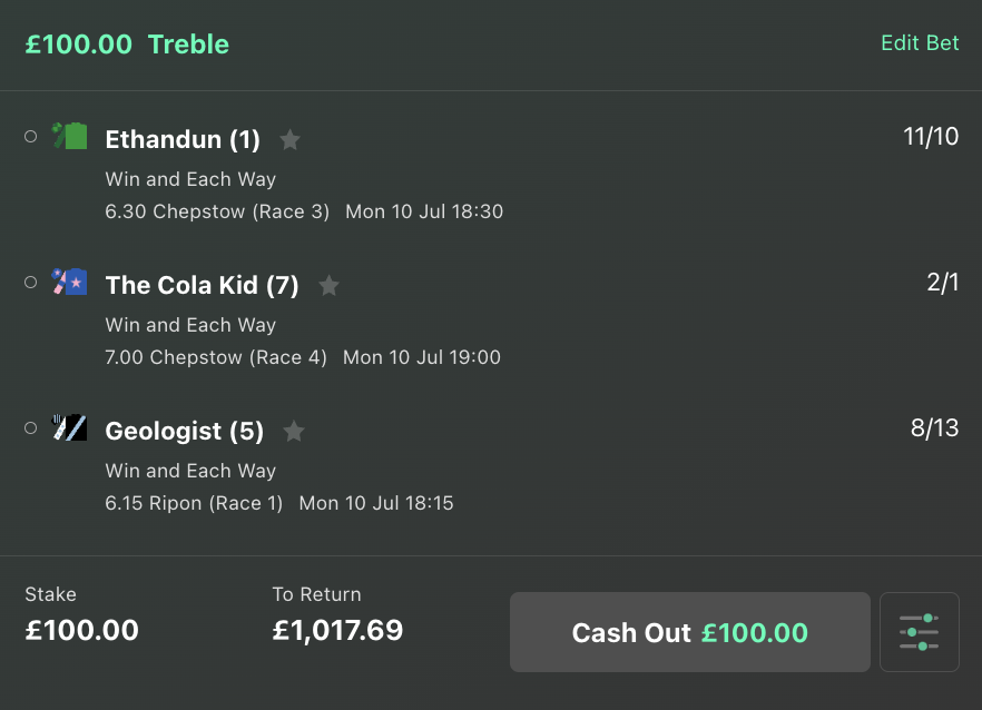 Monday Horse Racing Treble 📝

Odds = 9/1

🏇6.15 Ripon - Geologist
🏇6.30 Chepstow - Ethandun
🏇7.00 Chepstow - The Cola Kid

All should be bankers individually, lets go for the treble.