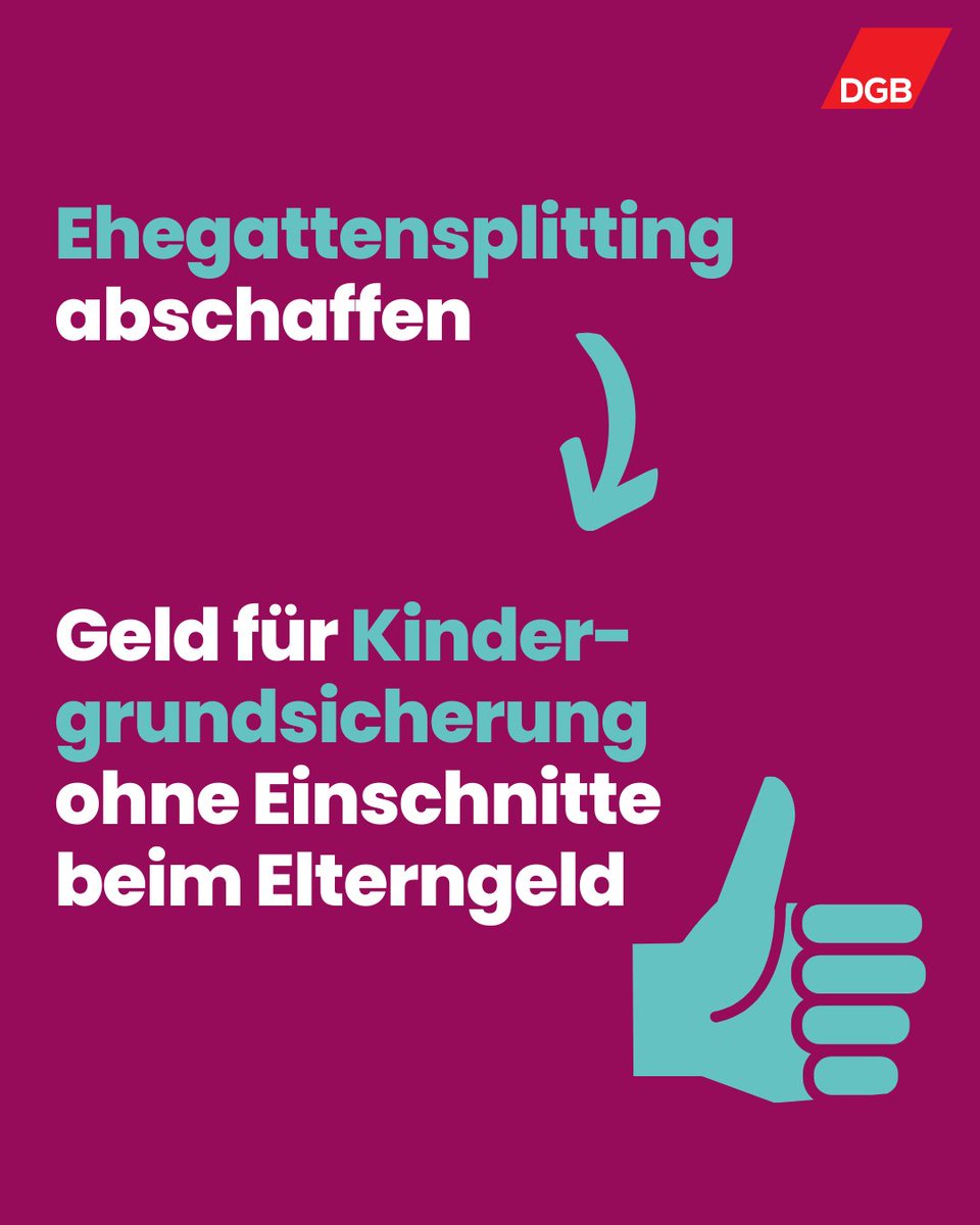 Unsere Vize Elke Hannack begrüßt den Vorschlag von <a href="/larsklingbeil/">Lars Klingbeil 🇪🇺</a>: "Wer die gleichberechtigte Teilhabe von Frauen und Männern am Erwerbsleben und die partnerschaftliche Verteilung von Familienarbeit fördern will, kann das #Ehegattensplitting nicht unangetastet lassen."

#DGB