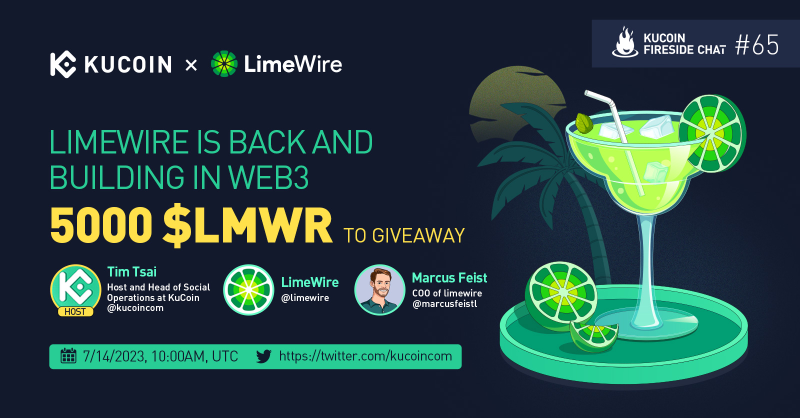 kucoincom's tweet photo. Get ready for our next #KuCoin fireside chat with @limewire as they return in WEB3!

🎁5,000 $LMWR Giveaway (10 winners)

1️⃣Follow @kucoincom &amp; @limewire
2️⃣RT &amp; tag 2 friends
3️⃣Fill in form: https://t.co/9Fq7frkpu6
4️⃣Join the space

✅Set a reminder