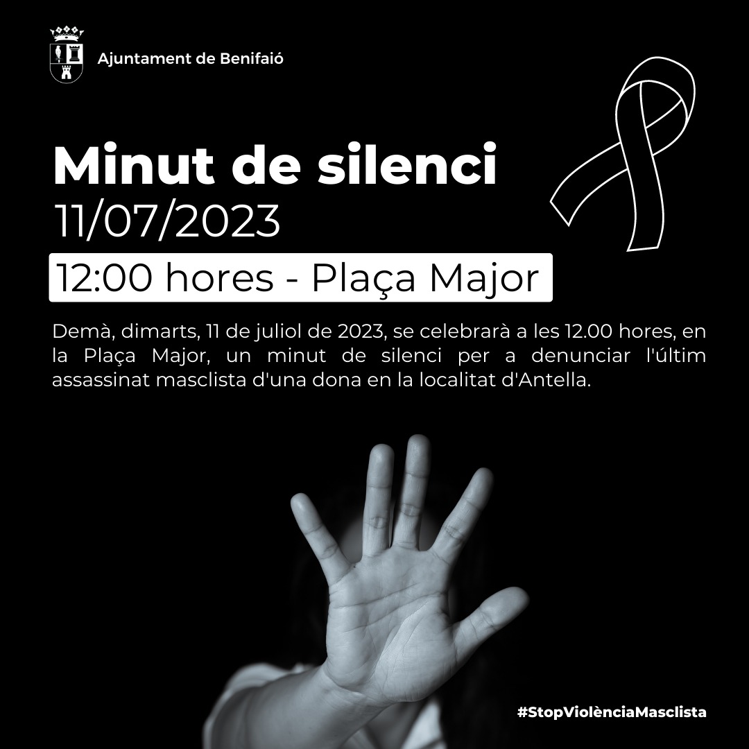 Aj_Benifaio's tweet photo. 🖤 MINUT DE SILENCI ENFRONT DE LA VIOLÈNCIA MASCLISTA
🏛️ Des de l’Ajuntament de Benifaió mostrem la nostra repulsa contra la violència masclista.
#Niunamés #EnsvolemVives #StopVG #BenifaióReivindica https://t.co/DLWlVf0wQP