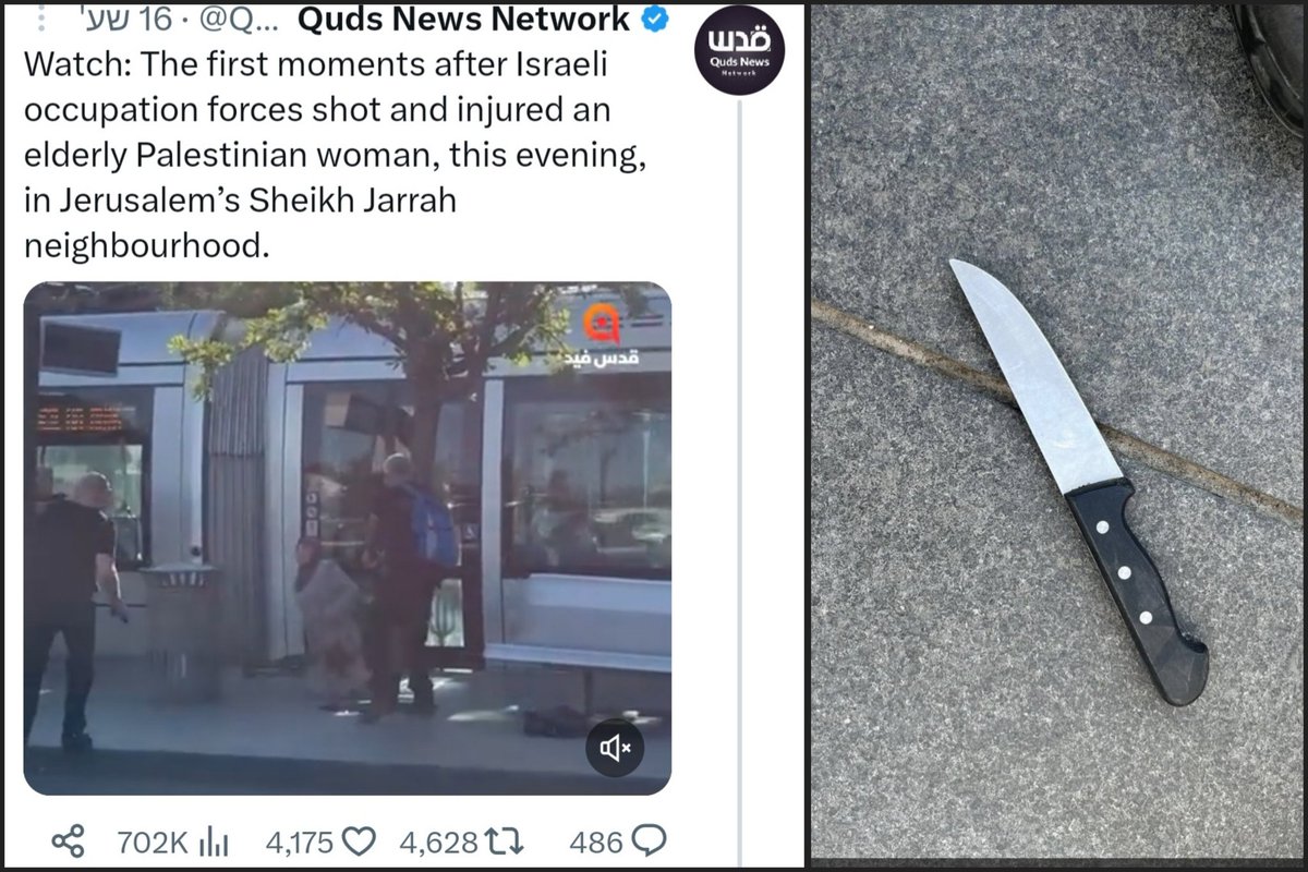 Yesterday, a Palestinian terrorist armed with a knife went to carry out a stabbing attack on the light rail in Jerusalem. Security guards who were there shot her in the leg to neutralize her (rather than kill her), but all this doesn't matter because the Palestinian propaganda