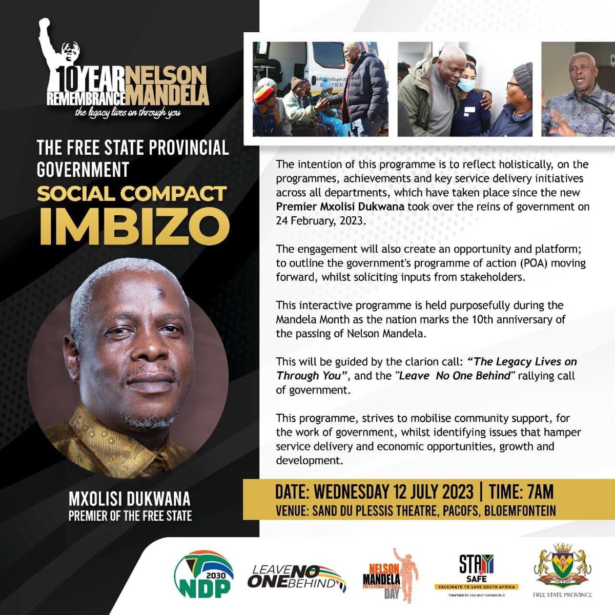 fsdpw's tweet image. SOCIAL COMPACT IMBIZO 

Details are as follows:

Date: Wednesday, 12 July 2023
Venue: Sand Du Plessis Theatre, PACOS, Bloemfontein 
Time: 07H00
#LeaveNoOneBehind #makingyourfutureworkbetter