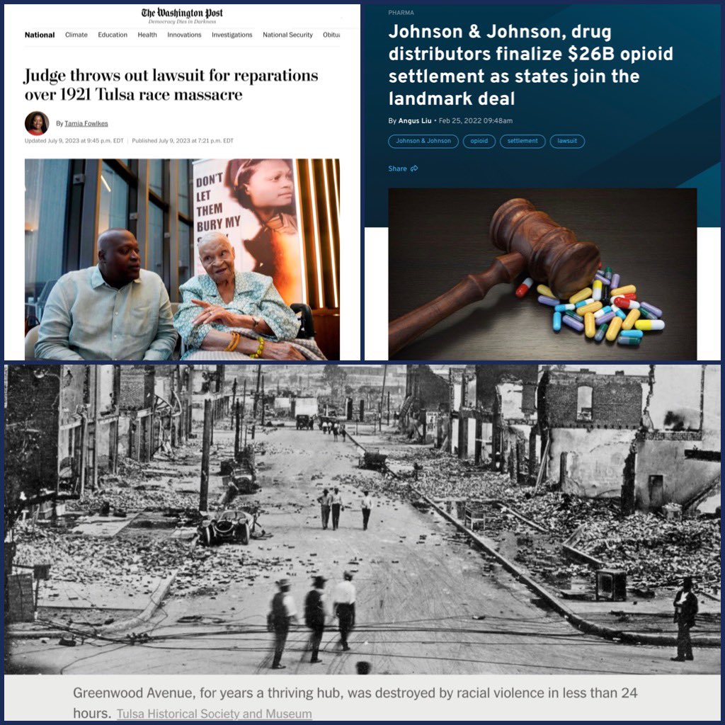 America in Black and white

2022: $26 Billion settlement for opioid crisis that affected mostly white families

2023: $0 for Tulsa Massacre where 300 Black people were murdered and thrown in mass graves, $27 million in property, homes, grocery stores, hotels, nightclubs, billiard