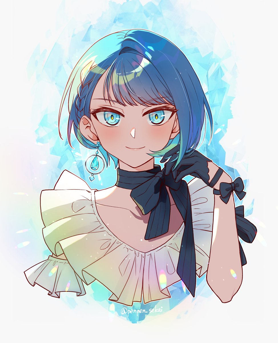 1girl solo earrings jewelry blue hair gloves blue eyes  illustration images