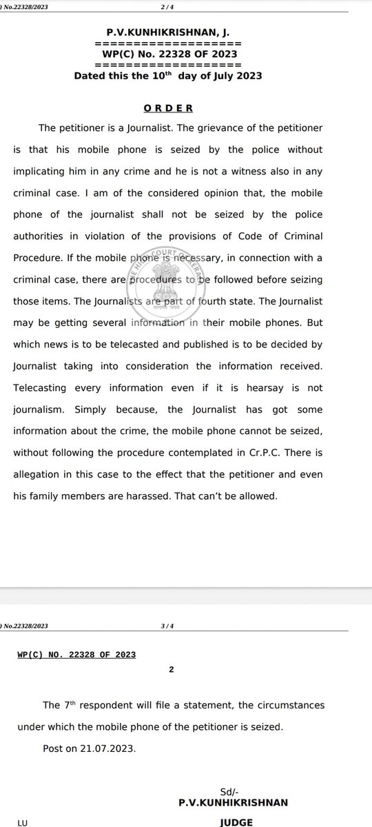 LiveLawIndia's tweet photo. Kerala High Court's order relating to police seizure of a journalist's mobile.

"Journalist may be getting several information in their mobile phones... Simply because the journalist has got some information about the crime, mobile phone can't be seized without following procedure..."