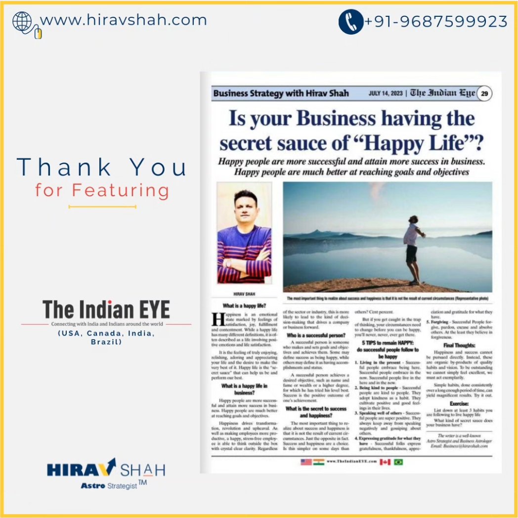 HiravShah's tweet photo. Happiness and success cannot be pursued directly. Instead, these are organic by-products of quality habits and vision. 
#happinessandsuccess #qualityhabits

Thank you The Indian Eye for Featuring

#theindianeye

Read the article on our website: 
👉 https://t.co/TTyarY4fVX https://t.co/pxuzqG1wVf
