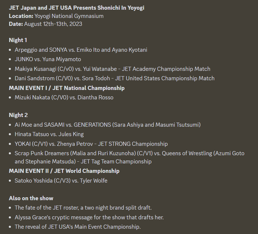 pwJETGlobal's tweet photo. 【ENGLISH Update】

The full card for Season Premiere event Shonichi, one month away on August 12th-13th https://t.co/UZQTVsRLDI