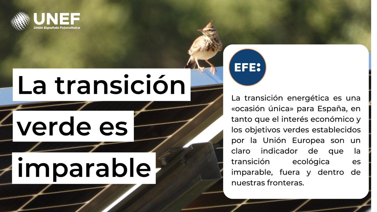UNEFotovoltaica's tweet photo. 🟠La #TransicionVerde es imparable I Artículo de @EFEnoticias
➡️La #TransiciónEnergética es una ocasión única para España:
✅Interés económico
✅Objetivos verdes establecidos por la Unión Europea
https://t.co/R5ZsWwfOLm https://t.co/87n9fUfhkP