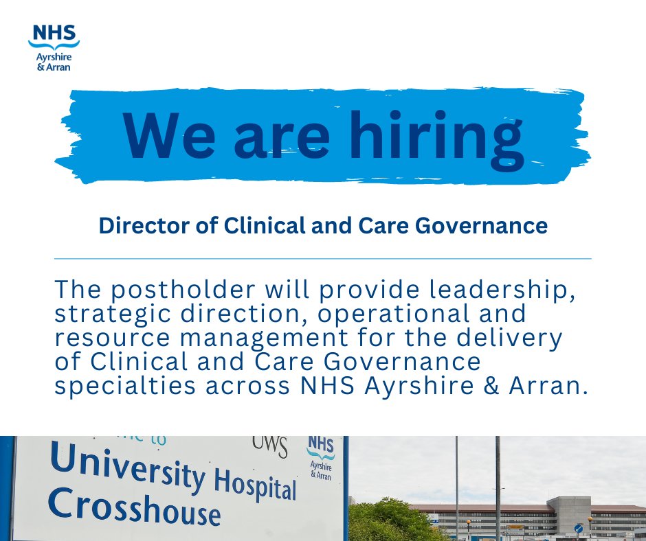 We are looking for an exceptional leader to undertake the Director of Clinical and Care Governance role, to establish a shared vision and service objectives through highly developed leadership skills and integrating teams. apply.jobs.scot.nhs.uk/Job/JobDetail?…