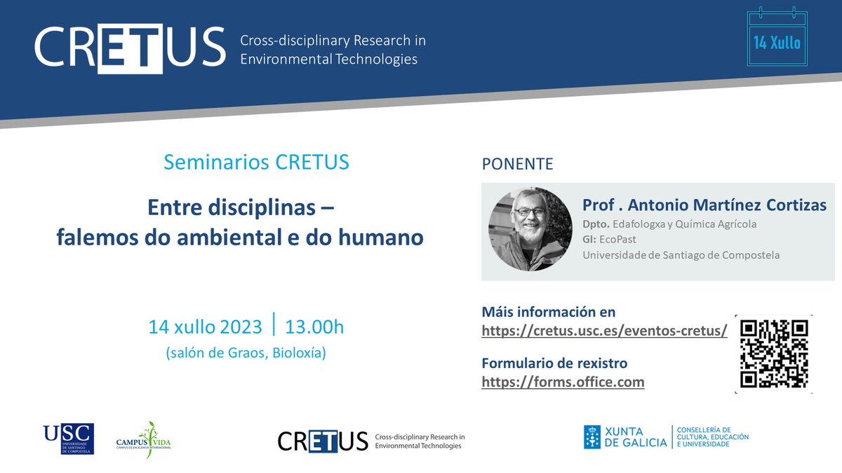 Este venres o prof. Antonio Martínez Cortizas <a href="/eco_past/">EcoPast</a>  impartirá o seminario de Investigación de CRETUS: "Entre disciplinas: falemos do ambiental e do humano" no salón de graos da Fac. de Bioloxía
🗓️14 xullo ás 13.00h 
Formulario para asistir: forms.office.com/e/xQTrcKMe9a