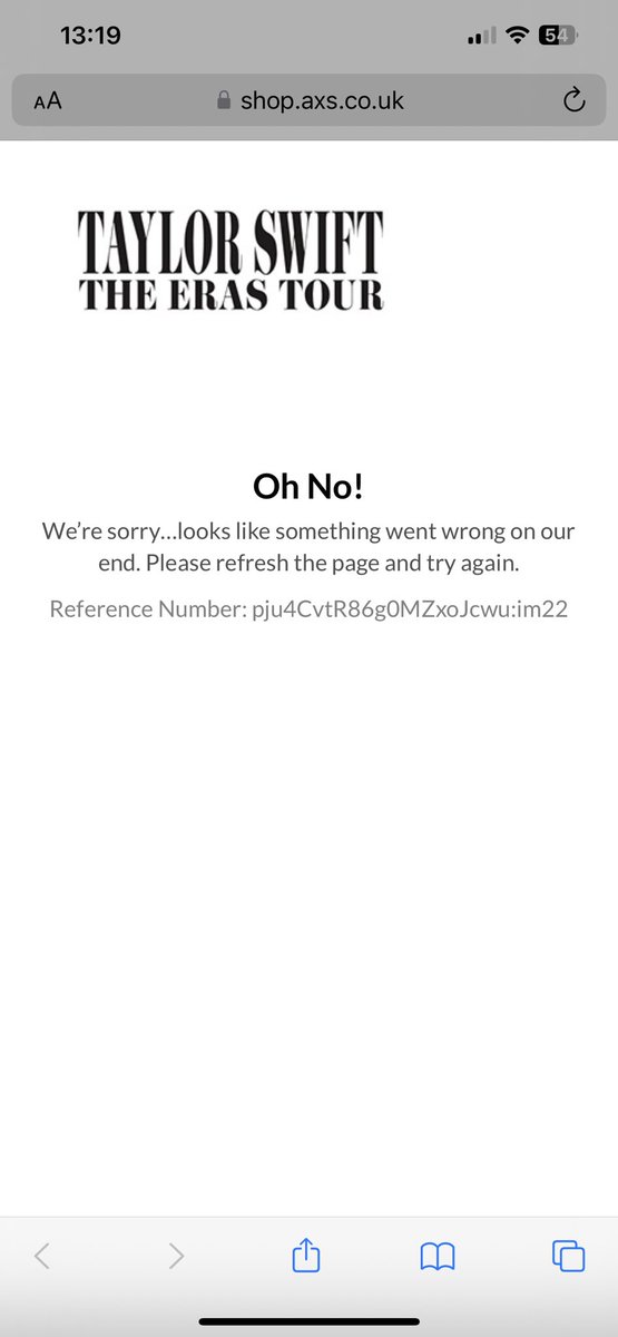 Ryancable3's tweet photo. @axs please help! I’m trying to purchase tickets for the eras tour however when I’m taking from the Queue to actually purchase tickets I keep getting this error. https://t.co/odPsO4ez2n