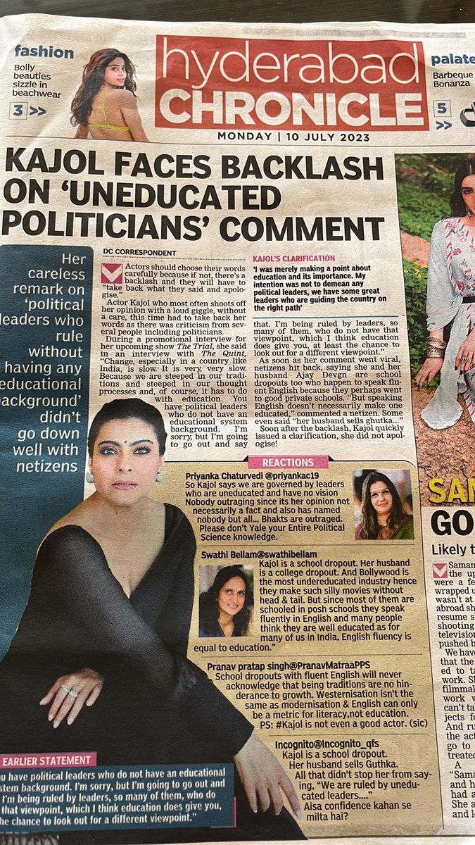 Kajol SchoolDropout story published on Deccan chronicle has included yours truly tweet 😄
