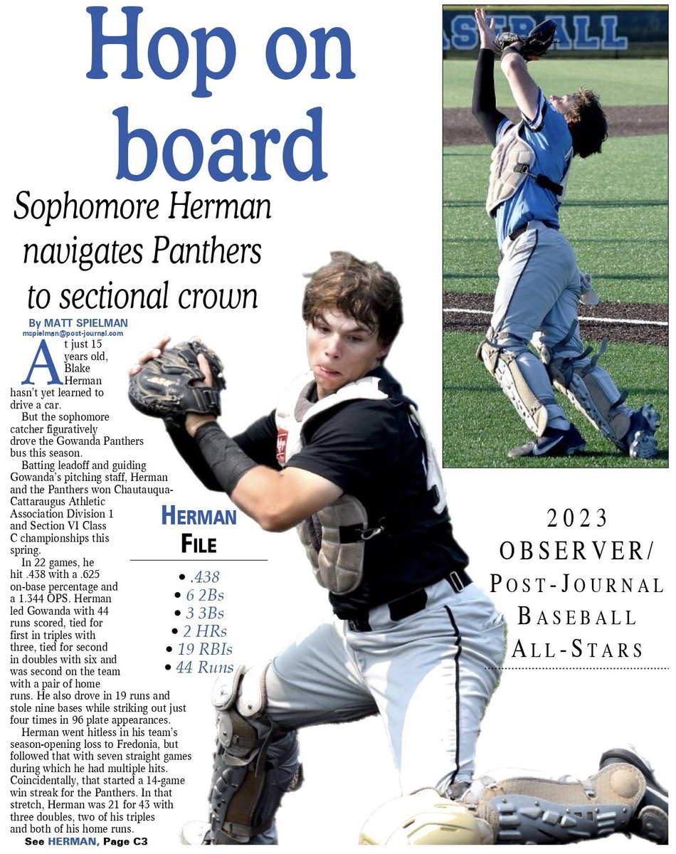 GowandaCSD's tweet photo. The  @TheObserverNY  / @ThePost_Journal named Gowanda High sophomore baseball standout Blake Herman as its Player of the Year! ⚾️☝️🏆🤩🐾👏💙💪

Read more: https://t.co/7HiKC4FFH3

#wearegowanda #PantherPride

@gowandasports @gowandabaseball @RebekahMoraites @DrAGHSPrincipal https://t.co/kTsZoUjvKL