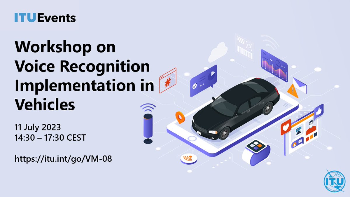 ITU's tweet image. ⏰ An @ITU standard is under development to support the implementation of new automotive infotainment systems. 
Take part in this workshop to learn more about its #VoiceRecognition elements and provide your feedback itu.int/en/ITU-T/Works…
