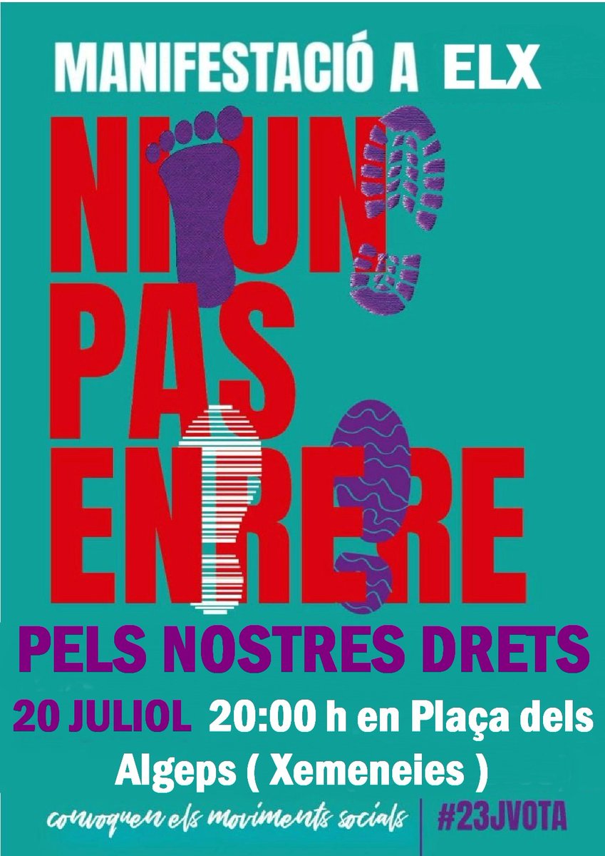 ACPVelx's tweet photo. 🗓️ Dijous dia 20 de juliol eixirem als carrers d'Elx per a demanar el vot a opcions progressistes pel 23J. Vot necessari per a frenar l'extrema dreta i el feixisme.  
🌬️⛵ Avançar en els nostres drets i no retrocedir ni un pas enrere! https://t.co/M7jPlDZHRG