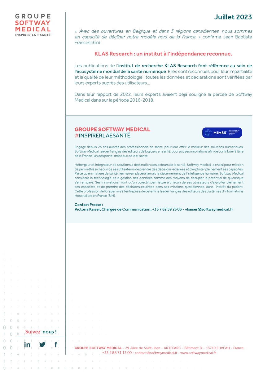 Softway Medical en tête des prises de parts de marché en Europe sur la période 2018-2022 avec son #DPI Hopital Manager dans le classement de référence établi par <a href="/KLASresearch/">KLAS Research</a> et publié en juin 2023.