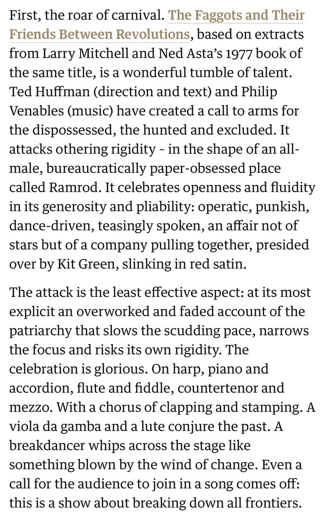 Yesterdays @obsmagazine @guardian Susanna Clapp review. 
#Thefaggotsandtheirfriendsbetweenrevolutions #larrymitchell #nedasta #tedhuffman #philipvenables #créationeuropéenne #75ans #festivalaix