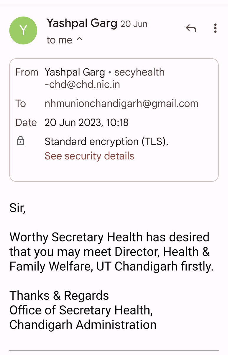 Worthy Secretary health @garg_yashpal sir desired that @CNEU_NHM union may meet DHS mam firstly to discuss the demand charter of employees but unfortunately health dept,Ut @chandigarh_admn has had no time for employees for the last two months. @MoHFW_INDIA @NHM_UTCh