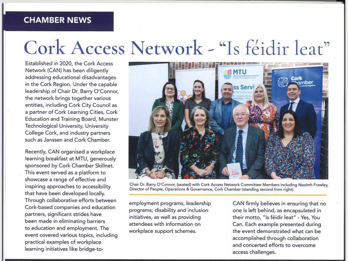 Thanks to @NaoimhFrawley and colleagues for this article in Cork Chamber News on the work of @AccessCork #IsFéidirLeat @MTUCork_Access are proud to be CAN partners