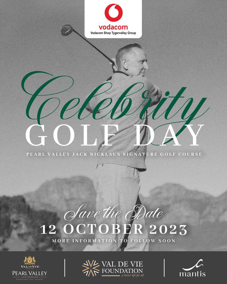 Pearl_Valley's tweet photo. SAVE THE DATE || Vodacom Shop Celebrity Golf Day ⛳️

The Val de Vie Foundation is raising funds for Khula Development to create safe learning spaces for more than 100 of our most vulnerable and disadvantaged learners.

#CelebsPlayThePearl #20IconicYears https://t.co/hrWKsC7Zpk