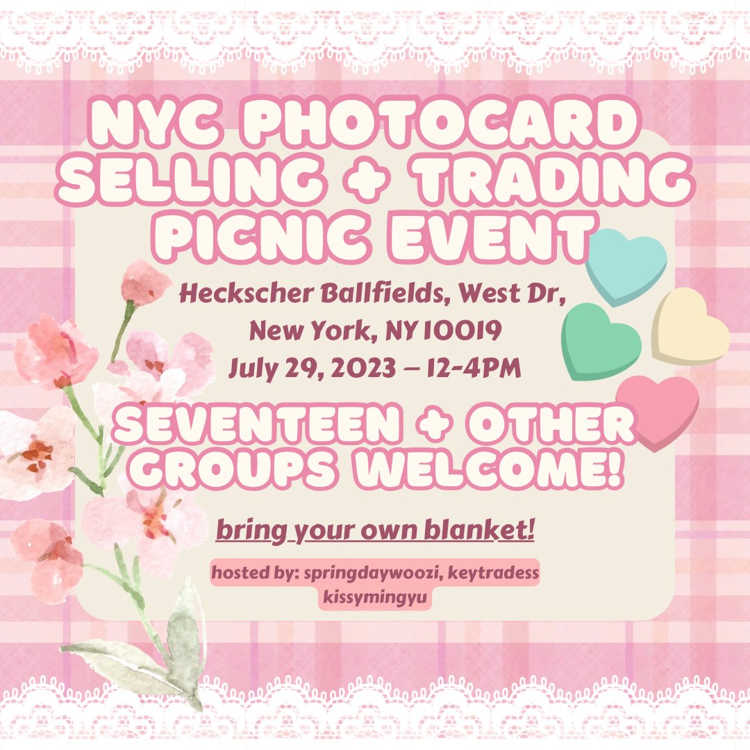 springeuijoo's tweet photo. ˗ˏˋ ꒰ NYC TRADING EVENT 07.29 ꒱ ˎˊ

we’re hosting a trading event in central park. join us for: photocard trading, buying, selling, and local vendors! all groups welcome ♡︎

📅: saturday, july 29, 2023 (12am - 4pm)
📍: central park (heckscher ballfields)

more info below! https://t.co/NhHbC1fS1l
