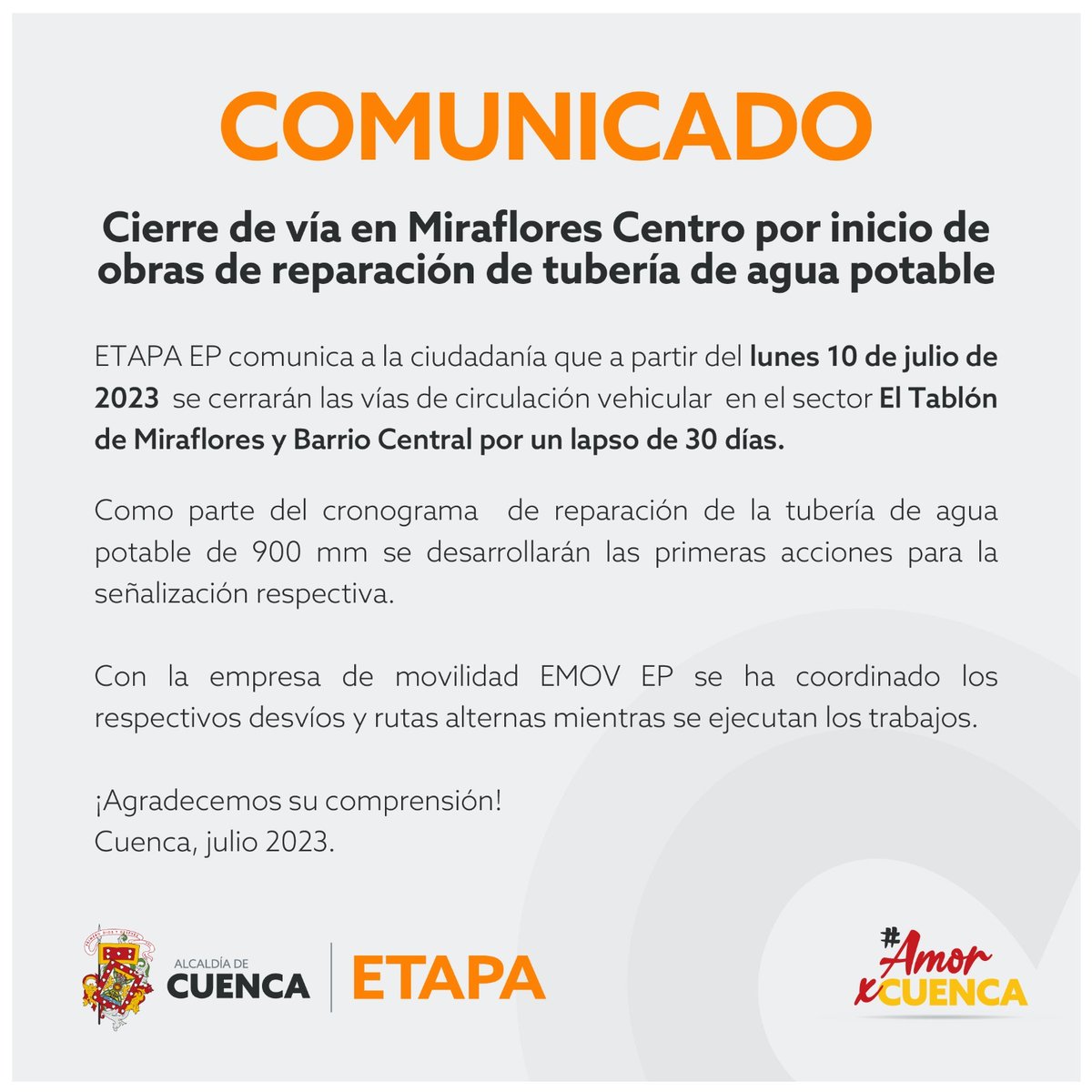 #MantenteInformado #ATENCIÓN Comunicado de ETAPA EP este lunes 10 de julio iniciarán los trabajos en Miraflores para corregir el daño de una tubería que afecta a más de 47 barrios de la ciudad.