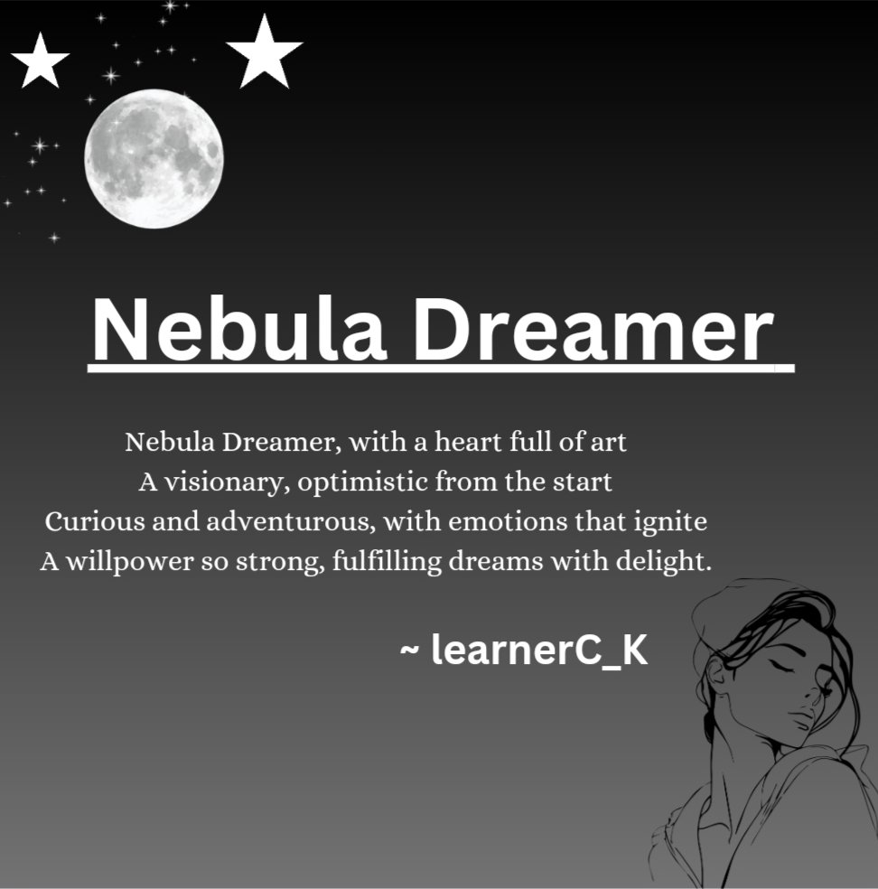 learnerC_K's tweet photo. "Nebula dreamer"...π«βΊοΈ#poetry #poetrycommunity #writingcommunity #writer #artist #creator #creativity #nebuladreamer #dreamers #vision #heart #love #art #optimistic #positivity #curious #adventurous #willpower #strong #emotions #fulfillment #learnerC_K https://t.co/5ynzWmDG4D