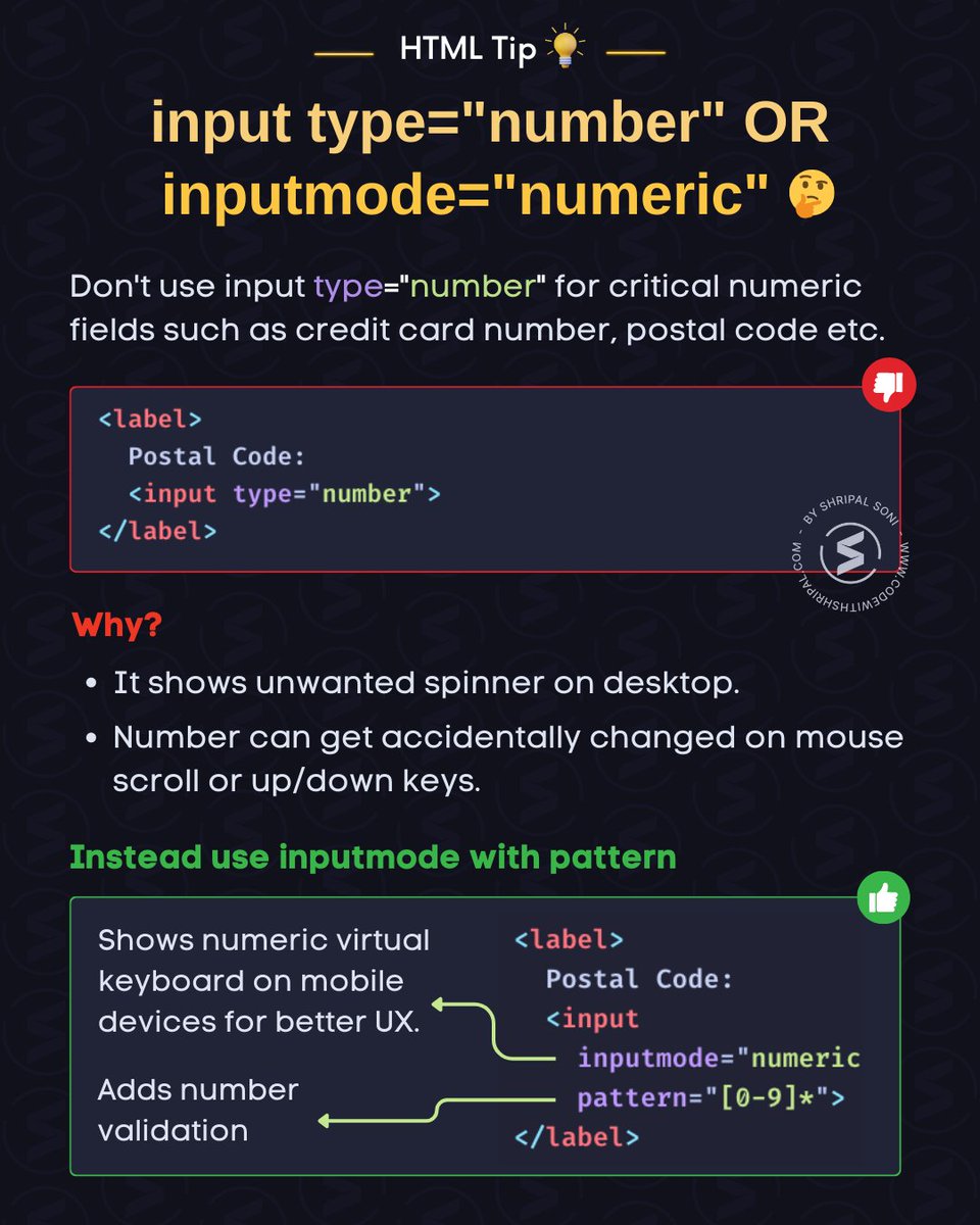 HTML Tip 💡

Do not use input type="number" for critical numeric fields such as credit card, postal code etc. ⚠️

Learn about the reason and the alternative 👇