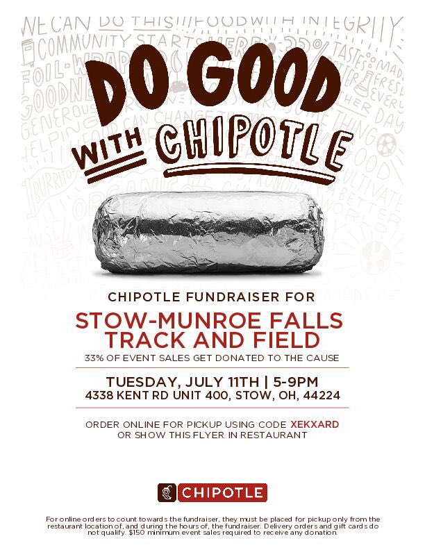 We will have a Chipotle fundraiser tomorrow from 5-9pm at the Kent Rd Chipotle. Use code XEKXARD for online orders or mention Stow Track at checkout. See you there!