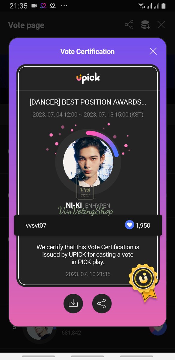 VvsVotingShop's tweet photo. Thankyou for your efforts! 😊

Even though the requirement is not met, we decided to cast some vote for #ENHYPEN_NI_KI 🥳 Congrats for gaining 1950 blue jams for Best Position on Upick!

Thankyou and good luck!
#vvsproof https://t.co/P3iPv8b4hm