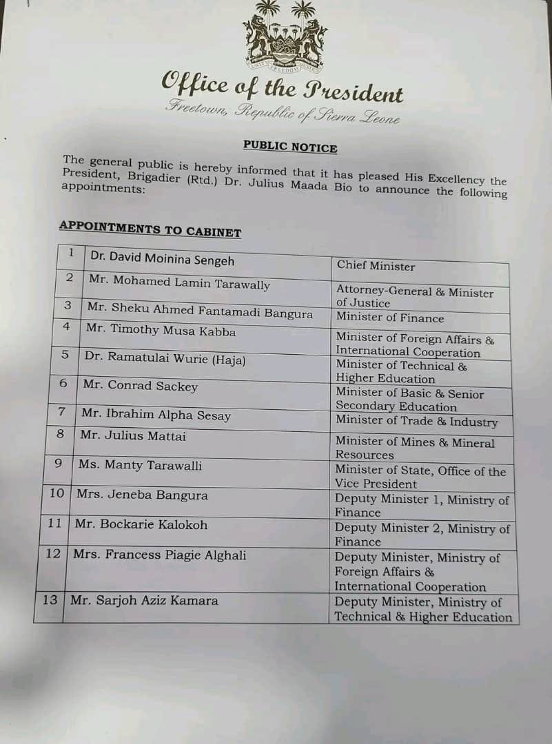 TambaMatturi11's tweet photo. With respect or the mandate of the Constitution of Sierra Leone(1991), here are the Appointment to Cabinet by the President. 

Citizens of Sierra Leone looks forward to seeing the impact and change to be made in this second term of this government’s administration. https://t.co/x6NY2hXCwa