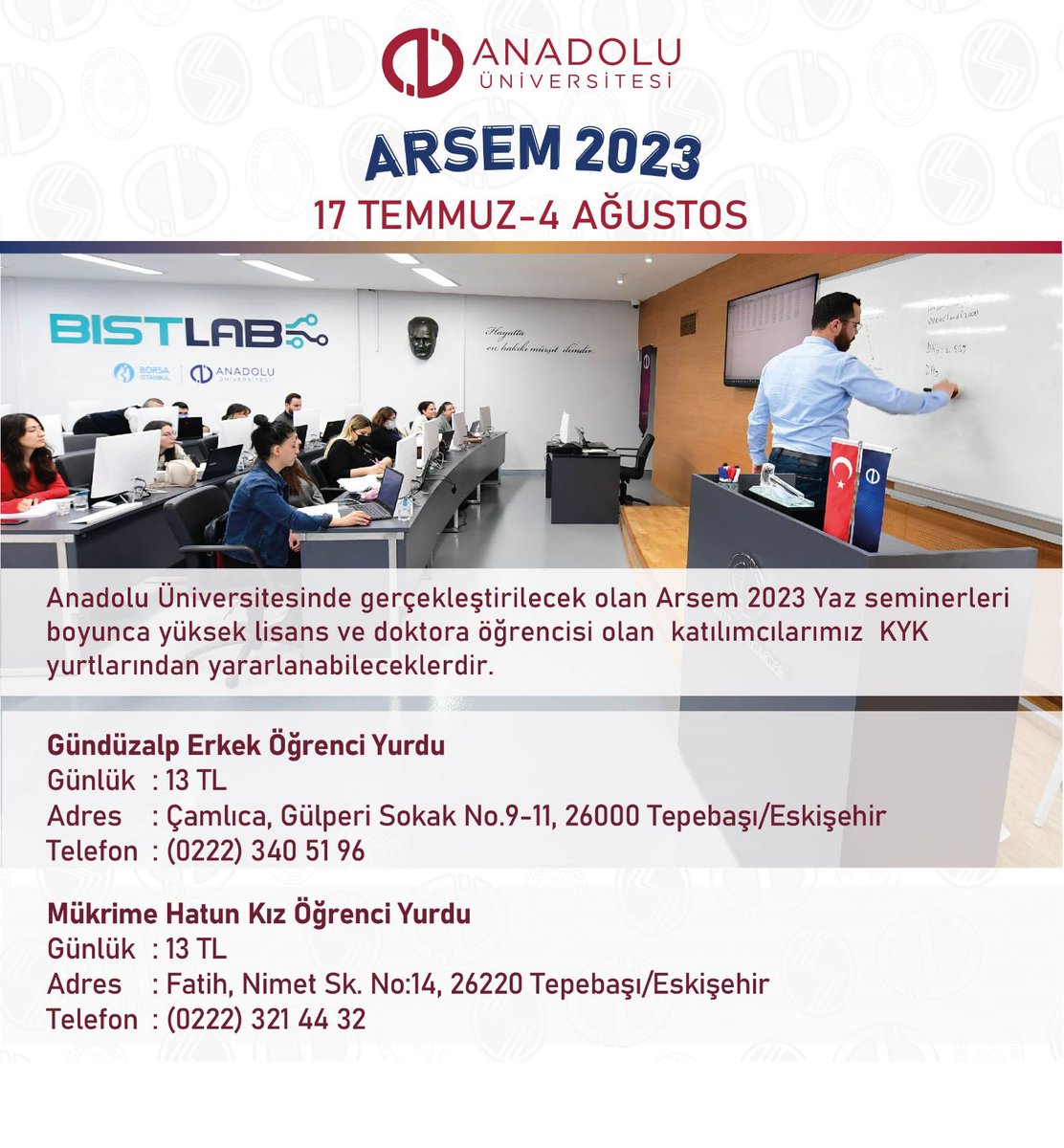 Anadolu_Univ's tweet photo. Üniversitemizde gerçekleşecek olan ARSEM 2023-Yaz Seminerleri boyunca yüksek lisans ve doktora öğrencisi olan katılımcılarımız KYK yurtlarından yararlanabileceklerdir.

Seminer dizisi hakkında bilgi için https://t.co/M2v18X9bBX

#AnadoluÜniversitesi #ARSEM https://t.co/mh2vfnDu3q