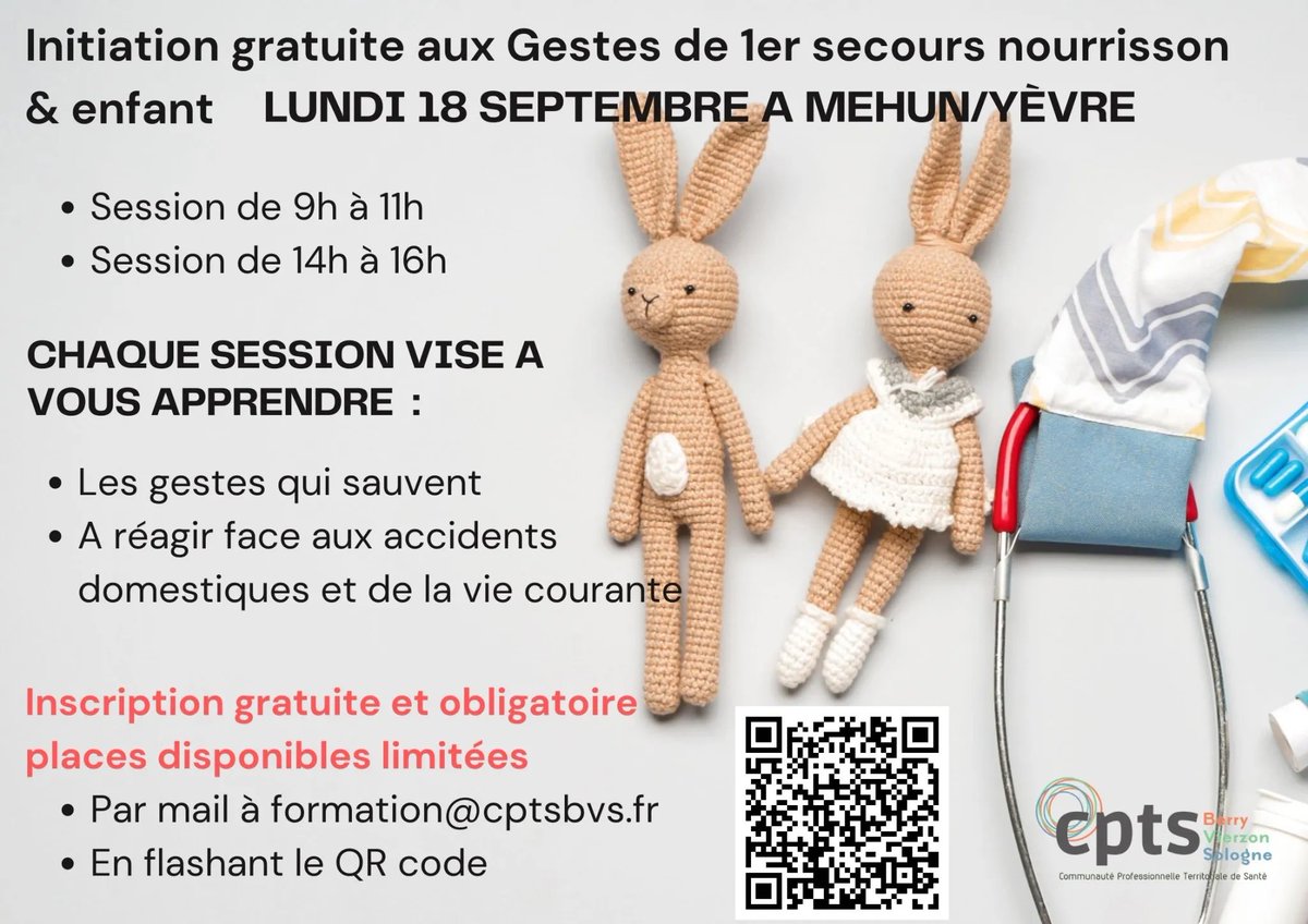 BerryCpts's tweet photo. @leberry_fr @RadioTinTouin @trranber la #cpts #berry #vierzon #sologne propose des formations gratuites aux 1er secours en pédiatrie aux jeunes parents et aux professionnels de la petite enfance sur Mehun le 18 septembre et Vierzon le 27 octobre #prevention #educationalasante https://t.co/W34s2B7PTG