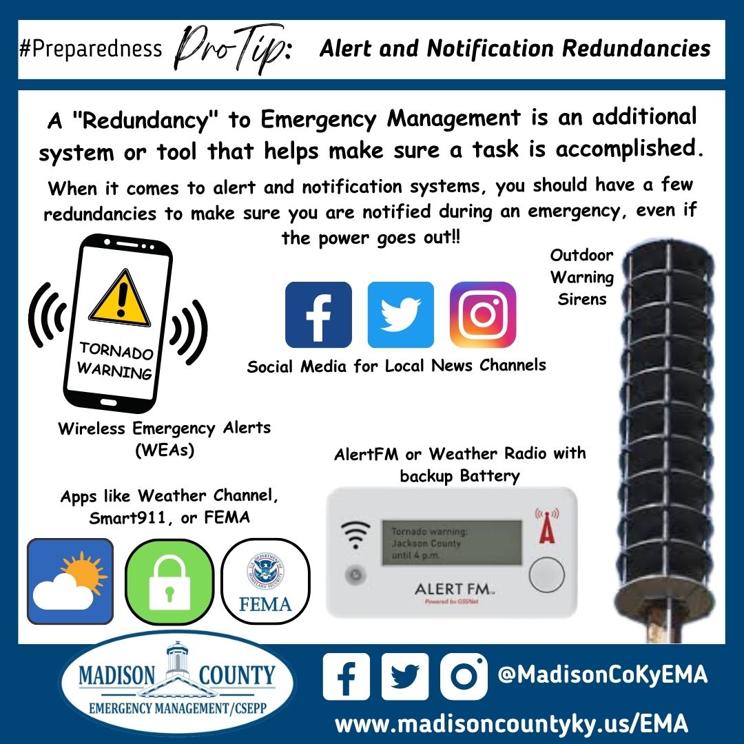 MadisonCoKyEMA's tweet photo. #PreparednessProTip! 👍Having  "redundancies" for alert and notifications means you have a few ways to be notified during an emergency! Make sure you have a few methods that will work even if the power goes out! #WeatherAware #AlertFM #WeatherChannel #FEMAApp #Smart911 https://t.co/gbwNzCFT4o