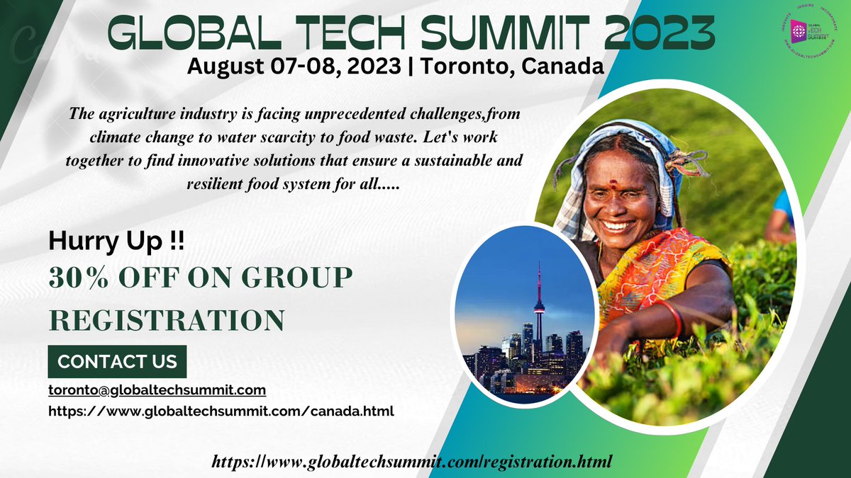 #GlobalTechSummit 2023 welcomes you to the International Conference on #AgricultureSciences and #FarmingTechnology' which is scheduled on August 07-08,2023 at Toronto, Canada. Register now!!! #agricultureconference2023 #agriculture #research #callforspeakers #callforabstracts