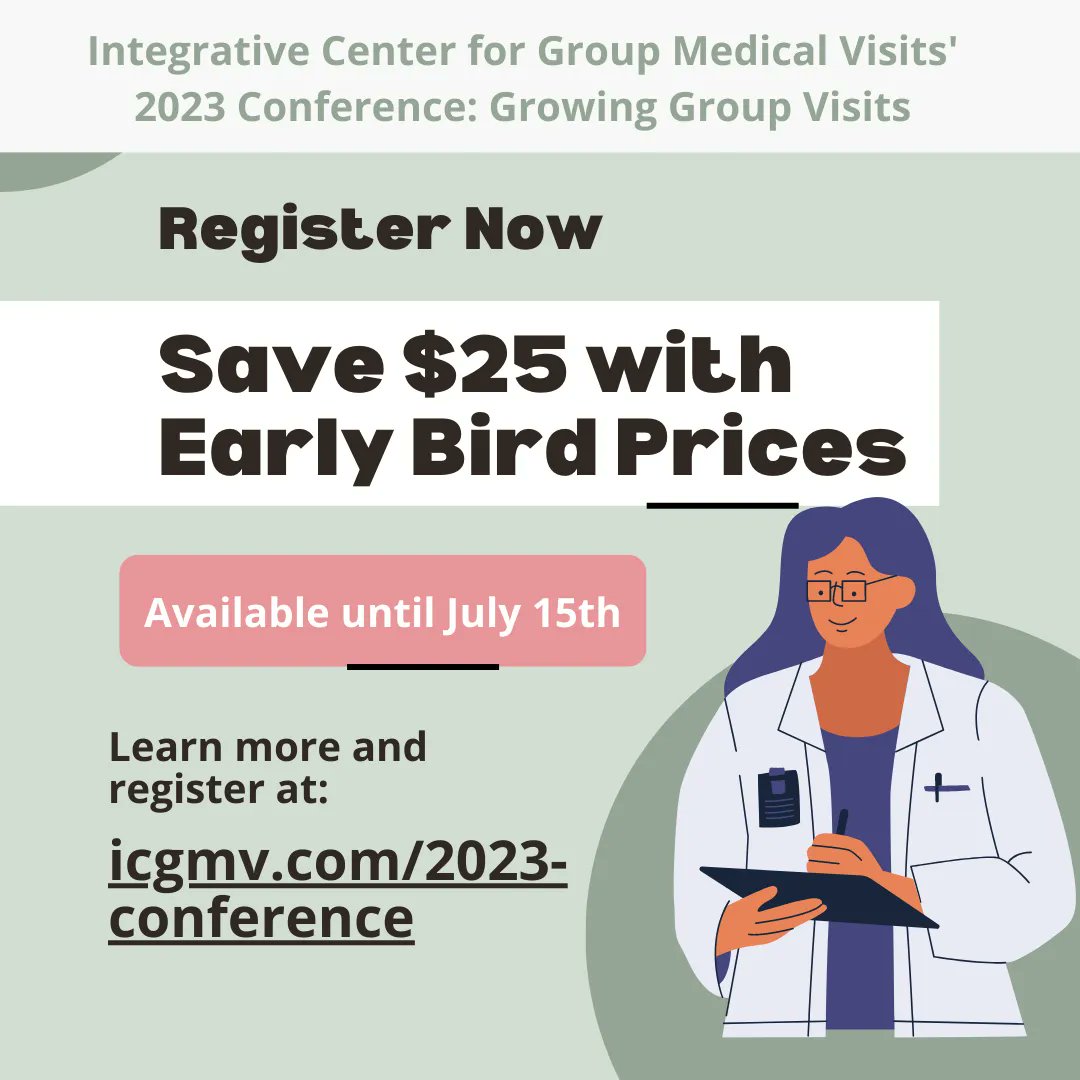 Save $25 by registering for our virtual conference by THIS SATURDAY, JULY 15TH! Our third annual conference, Growing Group Visits: To Transform Patients, Providers, Practice, and Policy, will be held on September 8th, 2023.

#groupmedicalvisits #groupwellness #integrativemedicine